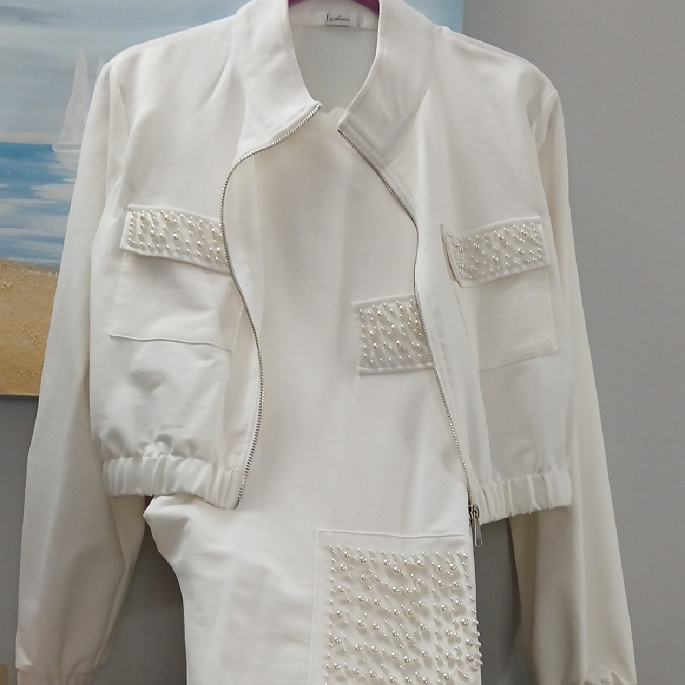 Elegant White Jogger Set with Pearl Accents